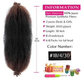 Afro Twist Hair 30 Inch 2 Packs, Springy Afro Twist Hair Pre Fluffed Spring Twist Hair Pre Stretched Wrapping Hair for Soft Locs Hair Extensions (30 Inch (Pack of 2), 1B/4/30#）