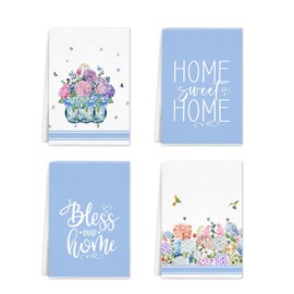 Spring Blue Floral Kitchen Towels Dish Towels, Hydrangea Flower Hand Towel 16x24 Inch Drying Dishcloth for Home Decor Housewarming Gift, Set of 4