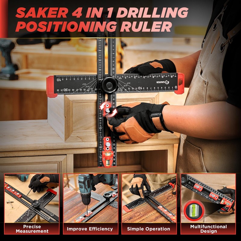 Saker 4-in-1 Drilling Positioning Ruler, Adjustable 13.78in Multifunctional T Square