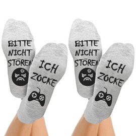Kisvic Funny Socks Gaming, 2 Pairs of Socks with Saying "Bitte Nicht Stören Ich Game" Gaming Socks Cool Gifts for Teenagers, Non-Slip House Socks for Men and Women, Grey
