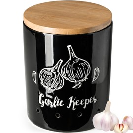 LYEOBOH Garlic Keeper, Garlic Storage, Garlic Holder, Ceramic Garlic Container with Wood Lid, Farmhouse Garlic Keeper for Counter, Garlic Saver for Kitchen, Black