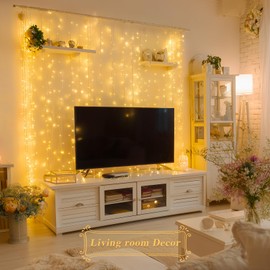 JMEXSUSS 200 LED Curtain Lights Battery Operated & USB Plug in, 8 Modes Hanging String Lights Indoor with Remote, Warm White Twinkle Curtain Lights for Bedroom Backdrop Classroom Wedding Party Decor