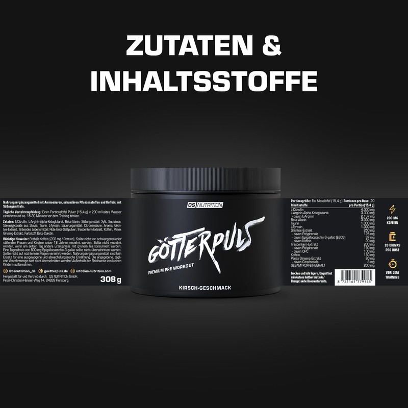 OS NUTRITION Götterpuls Premium Pre Workout Cherry Powder, 308 g