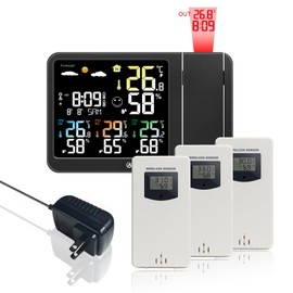 KETOTEK Digital Projection Alarm Clock for Bedroom Ceiling Wall VA LCD Display Radio Controlled Weather Station Indoor Outdoor Temperature Humidity Monitor with 3 Remote Sensors