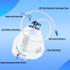 5 Pack BeHerk Catheter Bags for Men and Women, 2000mL Professional Urinary Drainage Bags with Anti-Reflux Drip Chamber, 48” Overnight Drainage Tube, Adjustable Clips & Hanging Hook