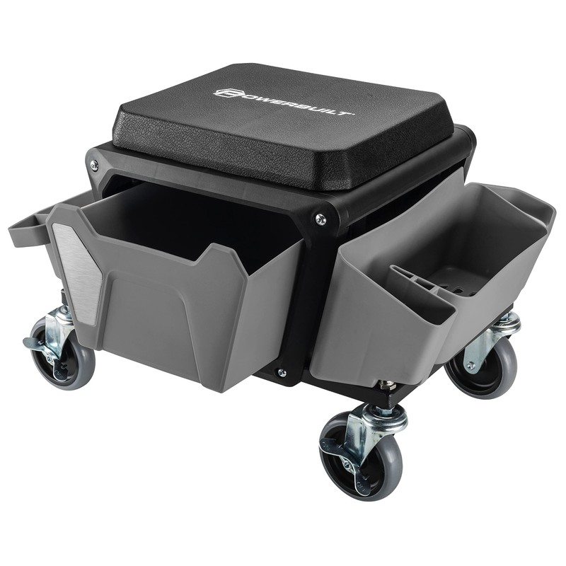 Powerbuilt Rolling Work Seat Brake Stool with 4-inch Rubber Lockable