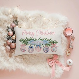 Pink Christmas Throw Pillow Covers 12 x 20 Inch Xmas Trees Balls Winter Holiday Decorative Pillow Cases for Couch Sofa Bed Home Decor