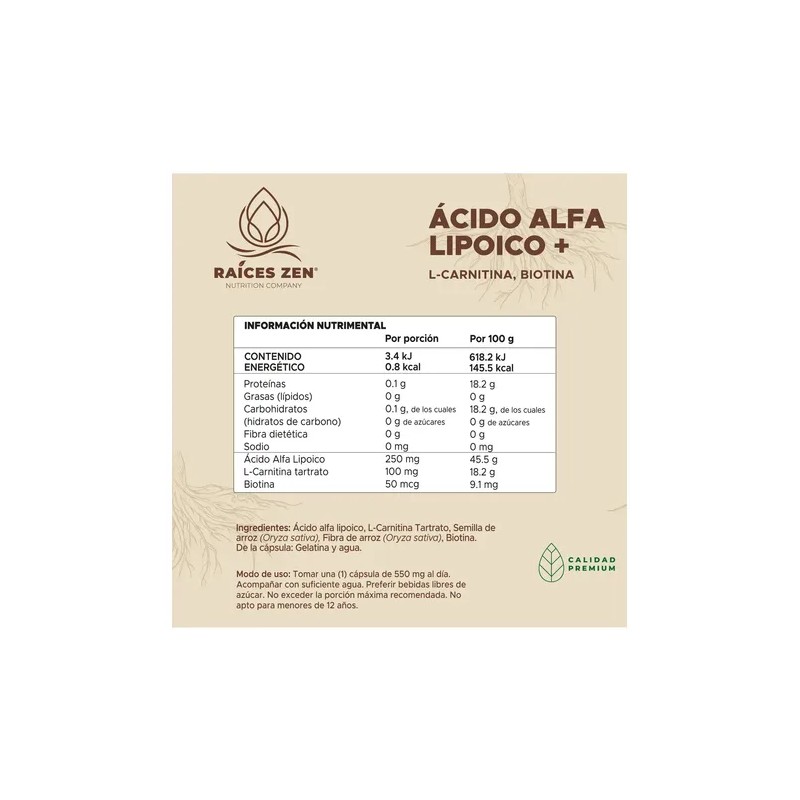 Ácido Alfa Lipoico Raíces Zen Nutrition Company Ala 550mg 60