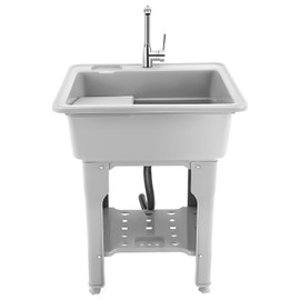 Plastic Utility Sink with Storage Shelf Freestanding Laundry Sink Indoor and Outdoor Wash Station with Washboard and Faucet for Laundry Bathrooms Garages Basements (25.6x21.7x31.5in)