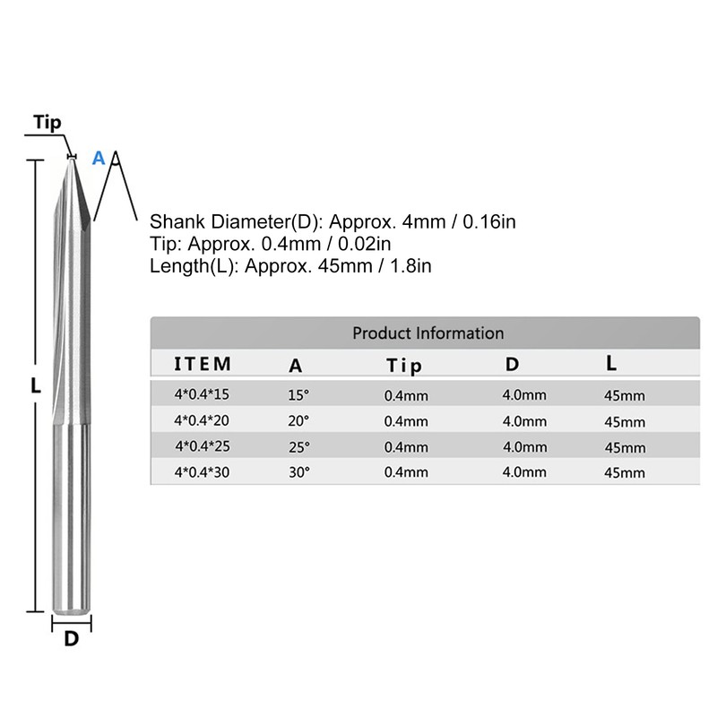 4Pcs VShaped Carving Cutter 2Edged Engraving Bit 4x0.4x15°/4x0.4x20°/4x0.4x25°/4x0.4x30°