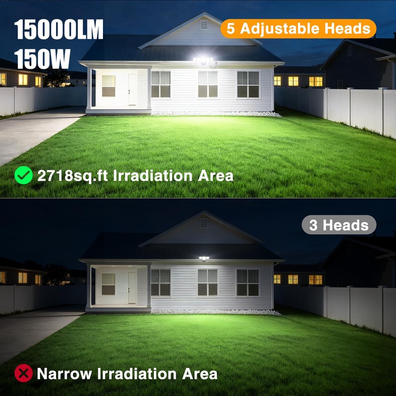 Onforu 150W 15000LM Dusk to Dawn Outdoor Lighting,5 Heads Plug