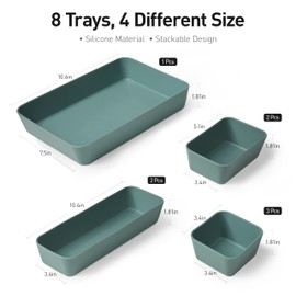 ISSEVE 8Pcs Nesting Silicone Drawer Organizer Set, 4 Size Versatile Vanity Bathroom Drawer Organizer Trays Divider, Desk Drawer Organizer Storage Bins for Office, Kitchen, Bedroom and Dorm (Green)
