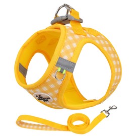 Soft Mesh Dog Harness and Leash Set, Step-in Escape Proof Vest Harnesses, Reflective Breathable Pet Harness Adjustable Plaid Pet Outdoor Harnesses for Medium Dogs, Yellow L