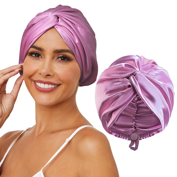 HFRHTGY Adjustable Silk Satin Hair Bonnet for Sleeping, Double Layer
