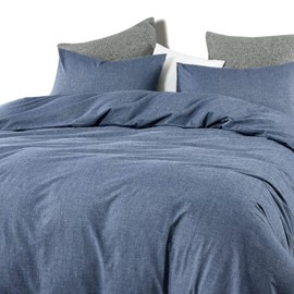 Wake In Cloud - Denim Blue Duvet Cover Set, 100% Washed Cotton Yarn Dyed Plain Solid Color, Comfy Bedding with Zipper Closure Corner Ties (3pcs, Queen Size)