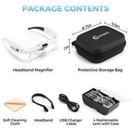 GUOUBUO Magnifying Glass with Light, 1.5X-5.0X Magnifying Glasses, Rechargeable Magnifier Headset with Light, Head Magnifier with 4 Detachable Lenses, Magnify Glasses for Close Work Crafts Jewelry