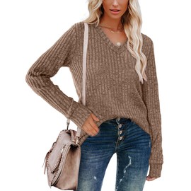 SAMPEEL Tunic Tops to Wear with Leggings V Neck Fall Sweaters Layering Long Sleeve Shirts 2024 Brown L