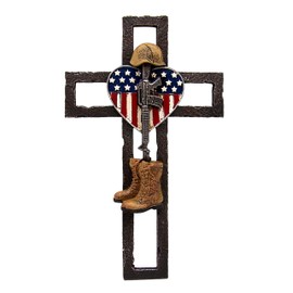 Fallen Soldier Wall Cross Featuring a Helmet and Boots with an American Flag Heart, 11 3/4 Inches