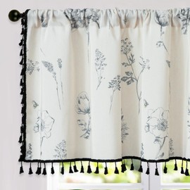 VOGOL Grey Flower Print Valance Curtains, Boho Style Rod Pocket Valances for Kitchen Window with Tassels, Linen Textured Window Treatment for Farmhouse, W52 x L18, 1 Panel