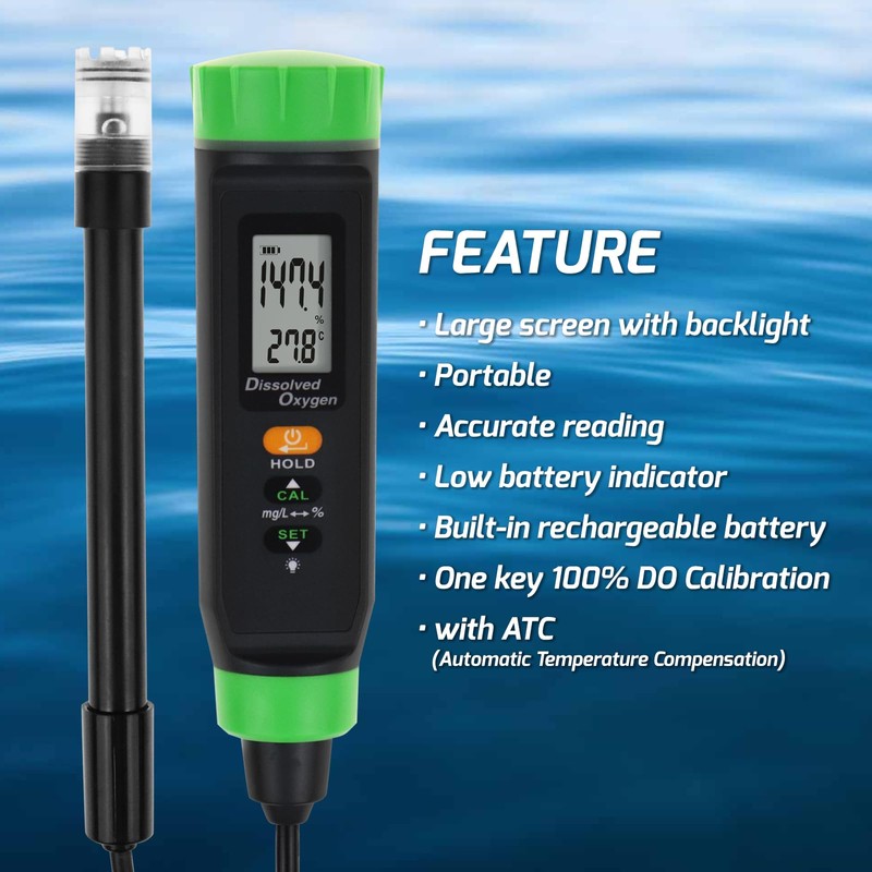 Dissolved Oxygen Meter with ATC Portable DO Meter with Long