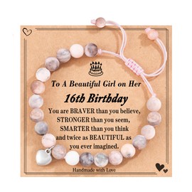 POWWA 4-16 Years Birthday Gifts for Girls, Pink Zebra Natural Stone Bracelet with Cute Heart Pendant and Message Card for Daughter/Granddaughter/Niece Birthday Gifts for Girls, Stainless Steel, No