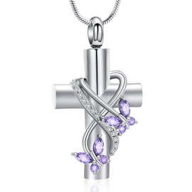 Imrsanl Butterfly Cross Urn Necklace for Ashes Men Women Cremation Jewelry Ashes Pendant for Human Memorial Ash Jewelry (Silver Purple)