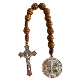 Saint Benedict Medal Prayer Pocket Rosary Catholic Brown Wood Beads with Medalla de san benitol and Crucifix, 9 Inch(Silver)