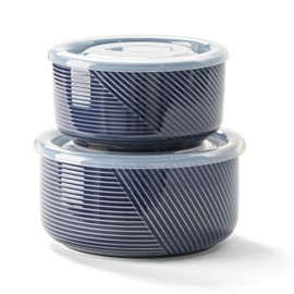 Adewnest Ceramic Nesting Bowls with Lid: Microwave Safe Food Storage Containers for Work Lunch Picnic Camping Meal Prep Soup Salad Cereal Leftovers - 5 & 6 Inch, 20 & 32 oz, Set of 2, Navy