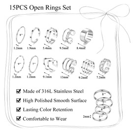 JeweBella Pack of 15 Rings Silver/Gold for Women Stainless Steel Knuckle Rings Stackable Open Thumb Rings Set for Women Trendy Stacking Rings Set Minimalist Finger Rings Set, Stainless Steel
