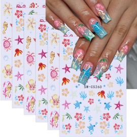 Summer Nail Stickers Nail Art Tropical Nail Decals 6PCS 3D Self-Adhesive Colorful Summer Stickers Flower Star Sea Turtle Bow Coral Design Ocean Beach Theme Cute Nail Art Supplies for Women Nail Decor