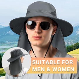 PFFY Sun Bucket Hats for Men Women 3” Wide Brim UPF 50+ Fishing & Beach Hat Khaki (with Neck Flap)