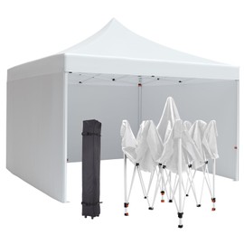 10 * 10FT Pop-Up Canopy Tent,Easy Pop Up Canopy Tent with Sidewalls,Outdoor Portable Shelter with 3 Sidewalls, Windows, Wheeled Bag for Outdoor use-White