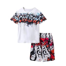 RoseSeek COZYEASE Boy's 2 Piece Graphic Tees and Shorts Set Summer Casual Crew Neck Short Sleeve Outfits White and Red 11 Years