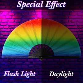 Ripeng 13" Glitter Large Rave Folding Hand Fan Clack Rave Fan for Women with Leg Strap and Fabric Case Bag for Dance, Edm(Rainbow Color)