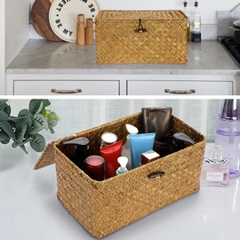 Hipiwe Wicker Shelf Baskets Bin with Lid, Handwoven Seagrass Basket Storage Bins Rectangular Household Basket Boxes for Shelf Wardrobe Home Organizer, Caramel Medium