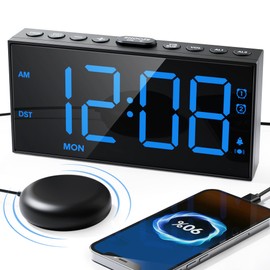 Loud Alarm Clock for Heavy Sleepers Adults,Bed Shaker Alarm Clock with 2 Alarms for Everyday/Weekday/Weekend,Dimmer,Snooze,USB Charging Port,12/24H DST,Vibrating Clock for Hard of Hearing/Teens