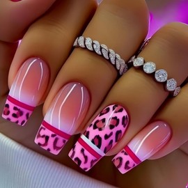 Coffin Square Press on Nails Pink Leopard Print Fake Nails with Striped Gradient Blend Design Medium Ballet Glue on Nails Full Cover Acrylic Nails Cute False Nails Glossy Stick on Nails for Women24Pcs