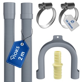 VIOKS Set Flexibler Abwasserschlauch Spülmaschine 2 Meter 19/22mmØ + 2x Klemmen Schlauchschellen Edelstahl 18-28mmØ + 1x Schlauch Verbindungsstück + 1x Haltebogen - Ablaufschlauch Waschmaschine Set