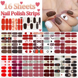 SILPECWEE 16 Sheets Nail Polish Strips for Valentine's Day Nail Wraps for Women Self Adhesive Nail Polish Stickers Gel Nail Strips Fingernail Manicure Sticker for Nail Art with 1pc Nail File