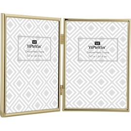YiPinYin 5x7'' Hinged Double Simply Gold Metal Picture Frames, Elegant Narrow Plated Metal Photo Frames 5x7'' With Soft Touch Velvet Backing for Desktop