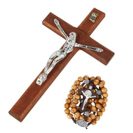2 Piece Crucifix Cross Set, Jesus Cross Wooden Cross Necklace, Wall Cross and Chest Pendant, Combined with Wooden Rosary, Perfect for Catholic Home Decoration, Prayers and Spiritual Contemplation
