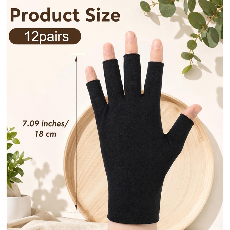 12 Pairs Black Cotton Gloves, Fingerless Cotton Gloves for Dry