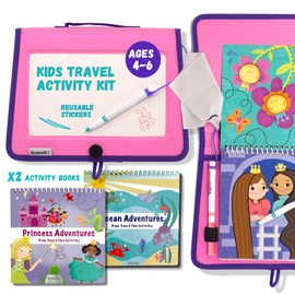 Totebook Dry Erase Kids Activity Book with Tethered Crayola Washable Markers - Travel Car Activities for Kids Ages 4, 5, 6, Drawing, Mazes, Tracing, Reusable Stickers (Princess & Extra Ocean Book)