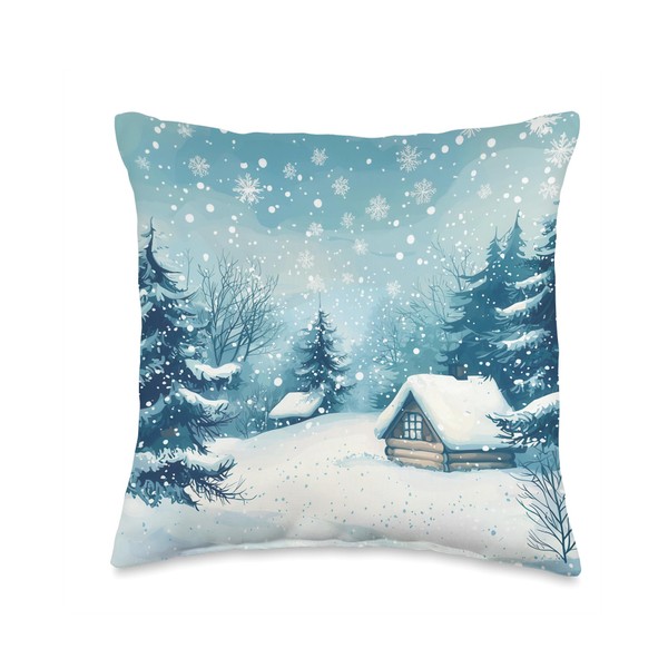 Winter Snowy Forest Scene with Cozy Cabin Throw Pillow