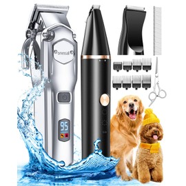 oneisall Dog Grooming Kit for Heavy Thick Hair&Coats/Low Noise Rechargeable Cordless Waterproof Dog Clippers for Grooming Animals&Pets/Pet Shaver with Stainless Steel Blade and Paw Trimmer