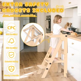 Foldable Kitchen Tower for Toddlers, Wooden Toddler Standing Tower Foldable with 3 Adjustable Heights and Removable Blackboard, Montessori Foldable Toddler Kitchen Step Stool Helper, Natural Wood
