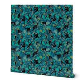 Peel & Stick Wallpaper 3ft x 2ft - Spider Monkeys Monkey Teal Green Jungle Vines Tropical Leaves Black Blue Chinese Year Zodiac Custom Removable Wallpaper by Spoonflower