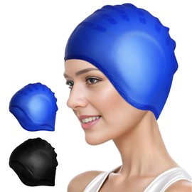 DIELOVEHUA Swimming Cap, Ear Protection, 3D, Waterproof Swimming Cap, Elastic Swimming Caps, Soft Durable Swimming Cap, Swimming Cap for Men and Women (Black/Blue)