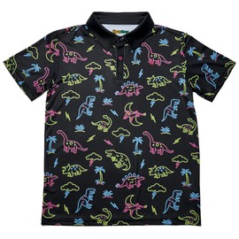 Tipsy Elves Kids and Toddlers Golf Shirts - Athletic Comfort Fit with Quick Dry Material - Youth Funny Black Neon Dinosaur Golf Polo Size Medium