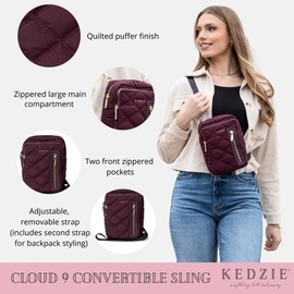 KEDZIE Quilted Puffer Cloud 9 Convertible Sling Bag Backpack Purse Lightweight for Women - Mulberry